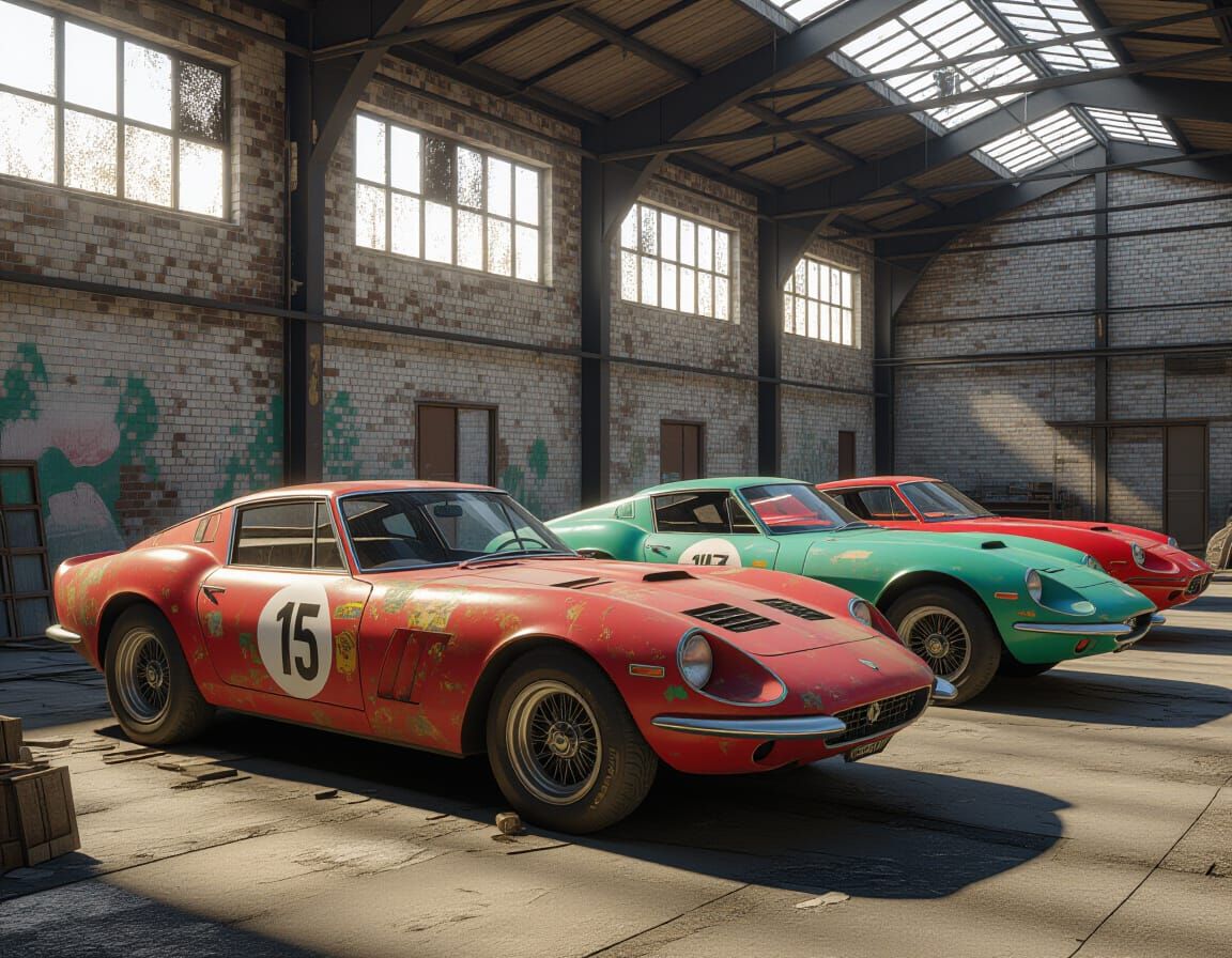 Abandoned 1960s Italian Cars in Dusty Factory - 3D Anime Sty...