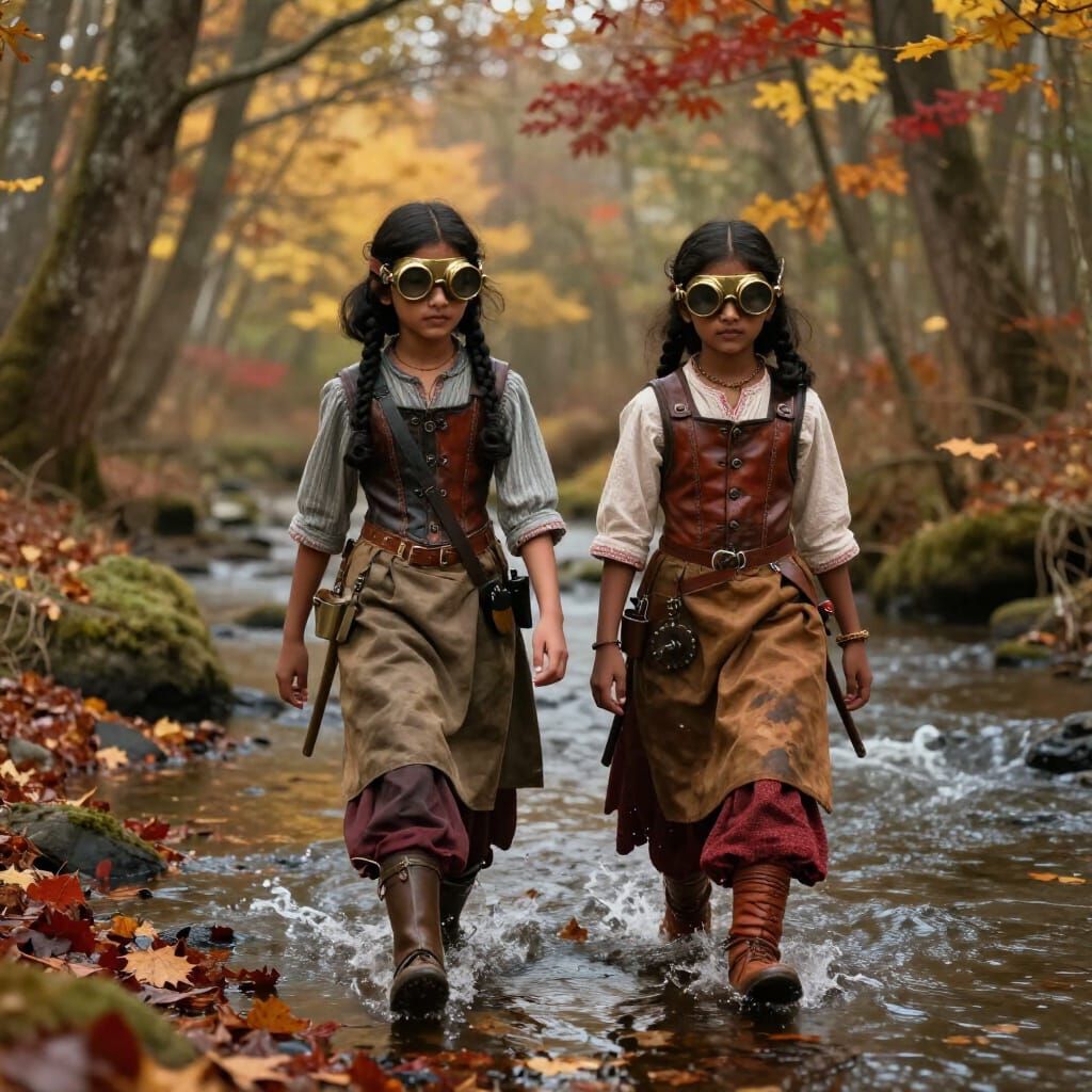Steampunk Indian Girls in Autumn Forest River