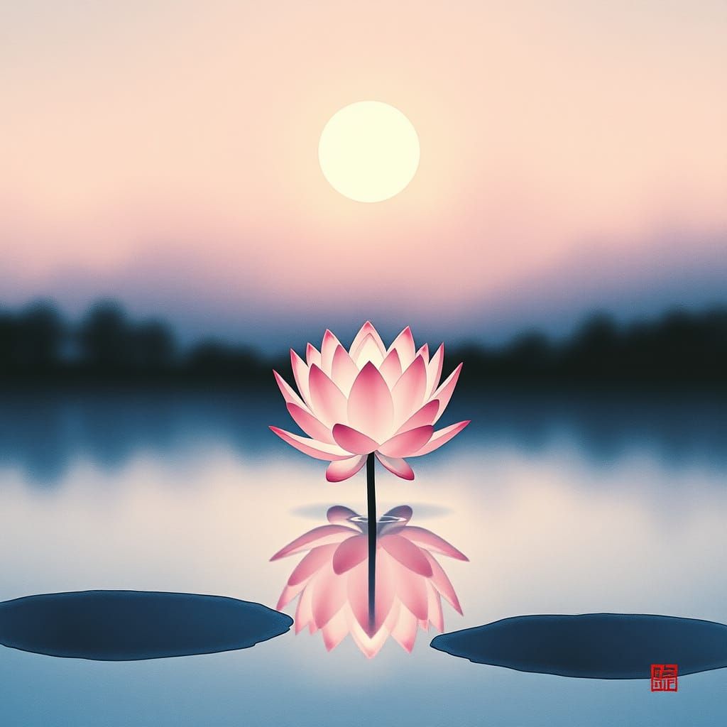 Lotus Flower Blooms in Tranquil Japanese Ink Wash Style