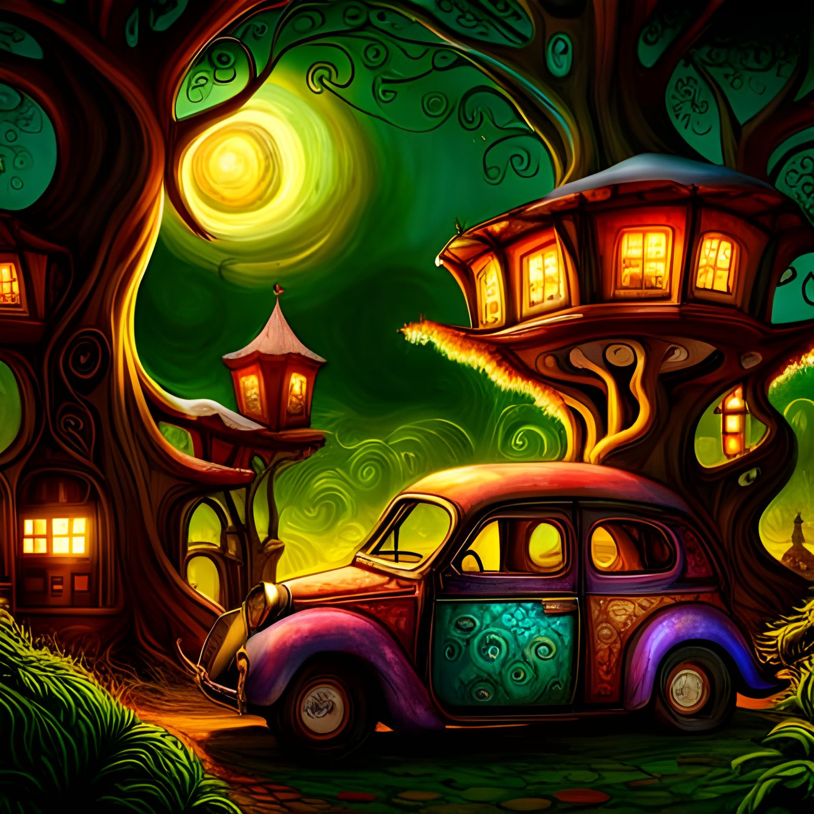 Enchanted Forest Scene with Fairy Car in Whimsical Style