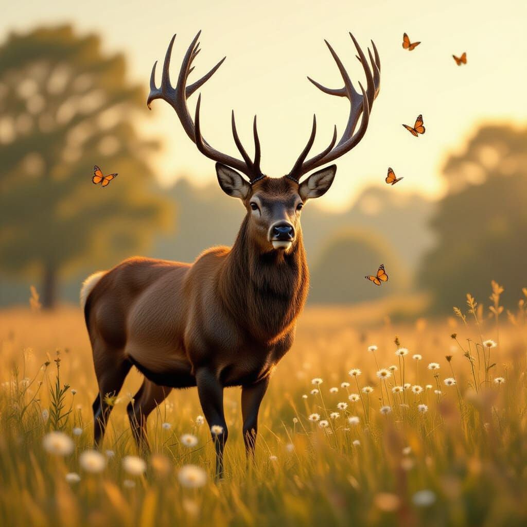 Majestic Red Deer in Sun-Drenched Meadow