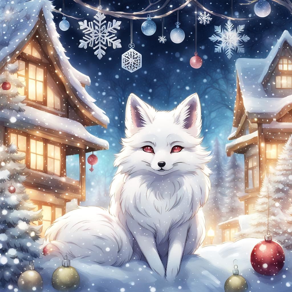 Anime Fox in Winter Wonderland with Watercolor Textures
