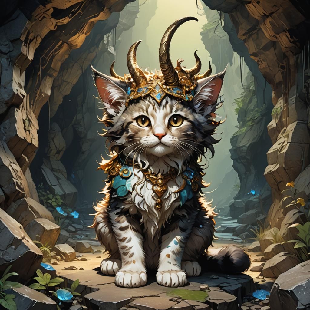 Horned Kitten Daemon in Underworld Cave, Watercolor