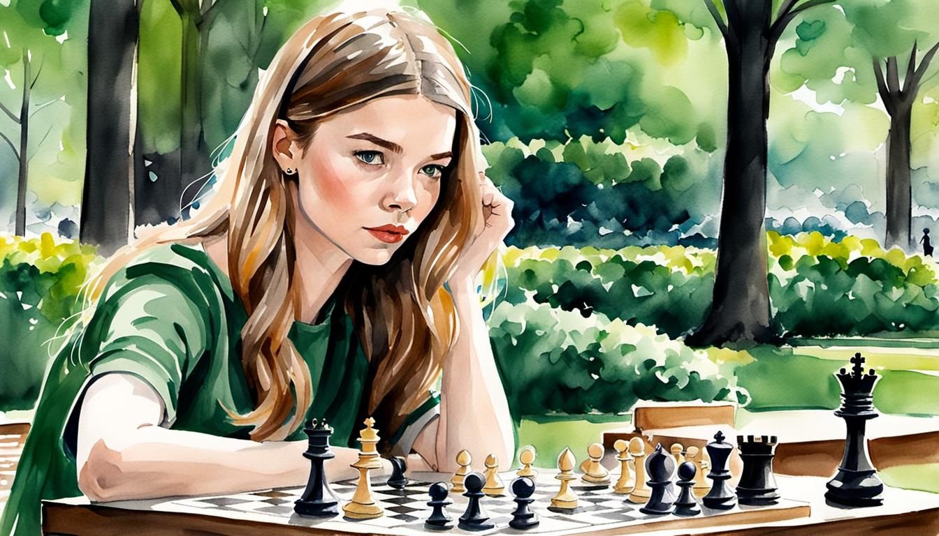 Watercolor Sketch of Woman Playing Chess in Tokyo Park