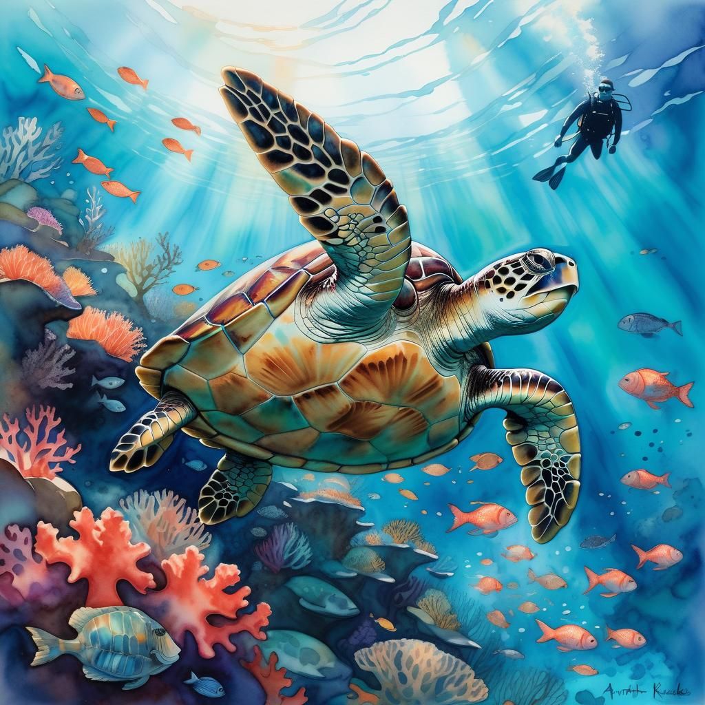 Sea Turtle Gliding Through Coral Reef Watercolor
