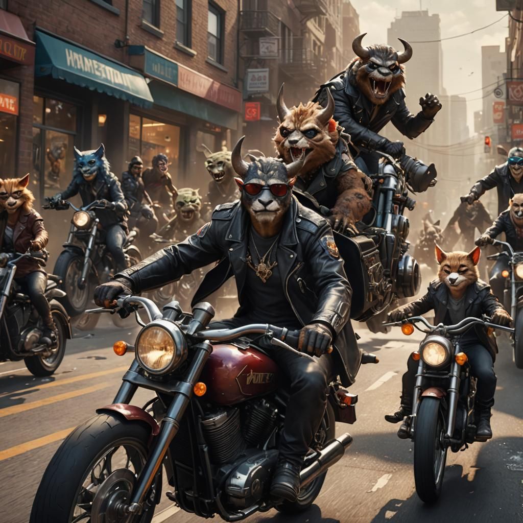 Minotaur, Reptiloid, and Catfolk Bikers on Harleys