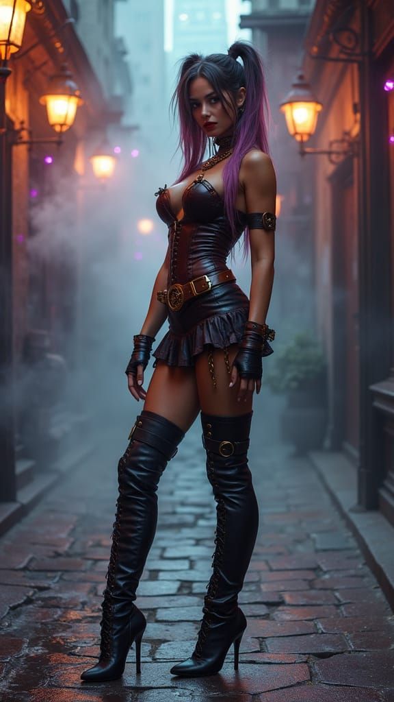 Steampunk Rebel in Victorian Tech City Alley