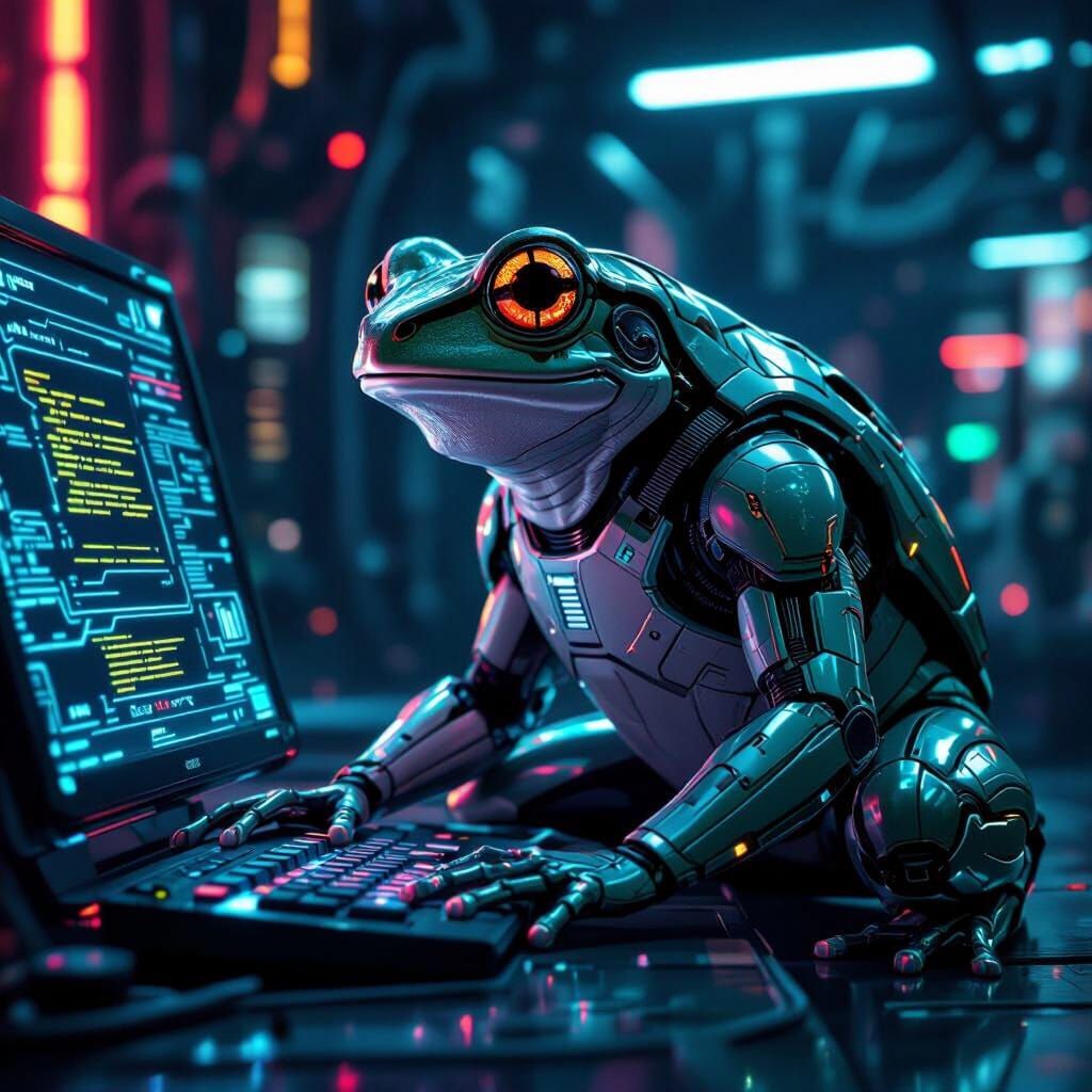 Cybernetic Frog Hacking Futuristic System