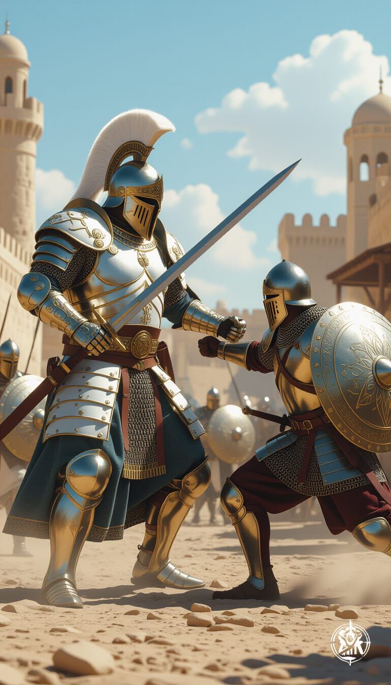 Syrian Warrior in Gold Armour Fighting Crusader