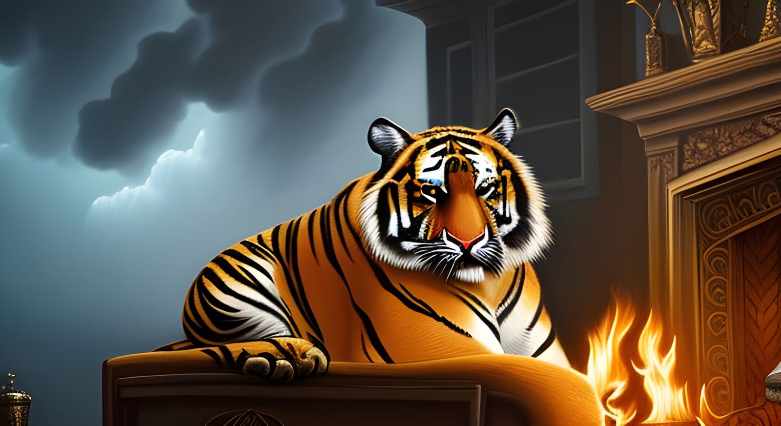 Tiger by Fireplace: Photorealistic Digital Painting
