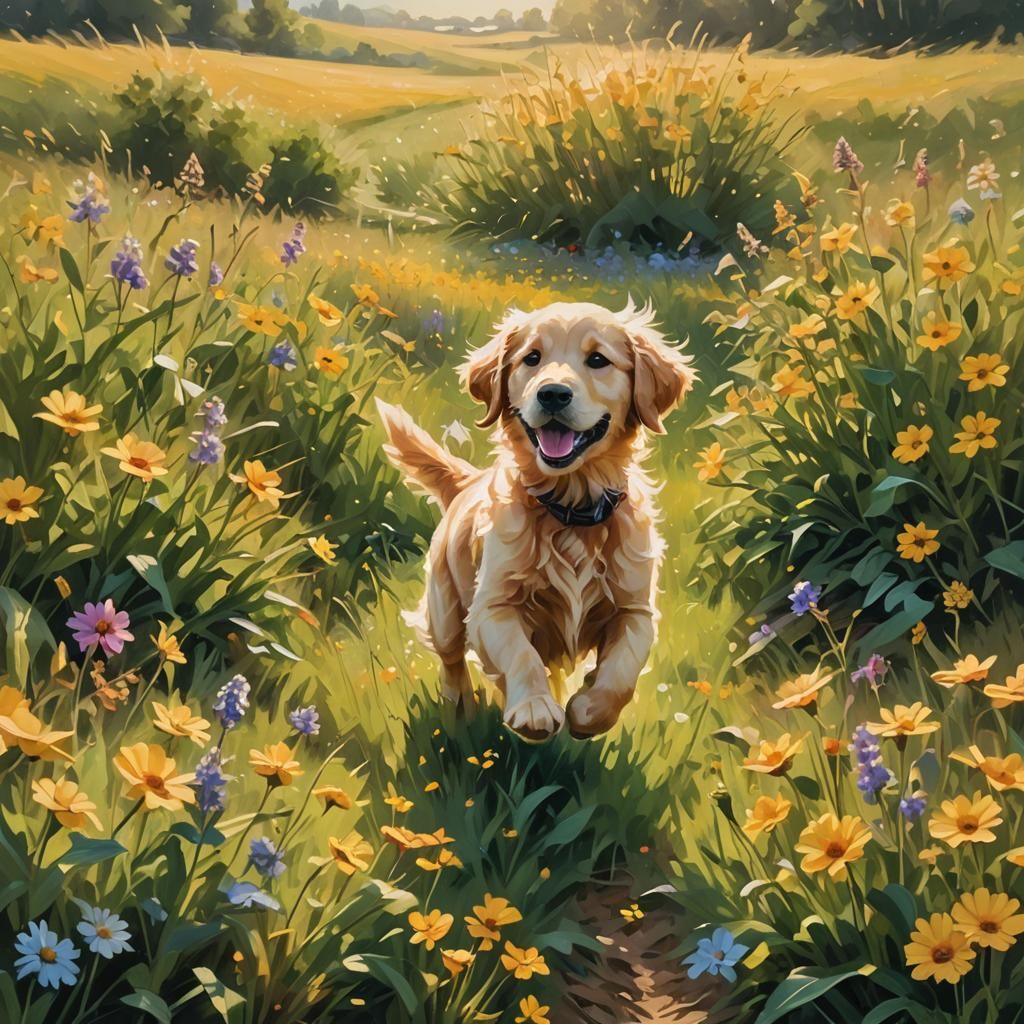 Golden Retriever Puppy in Sunlit Impressionist Field