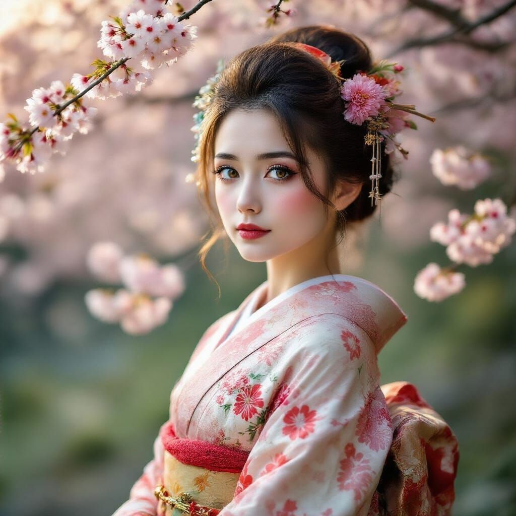 Young Japanese Woman in Festive Robes with Cherry Blossoms