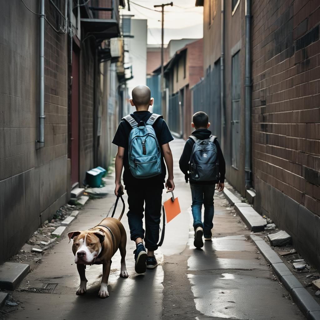 Boy and Pitbull Dog Walking Home: Professional Photography