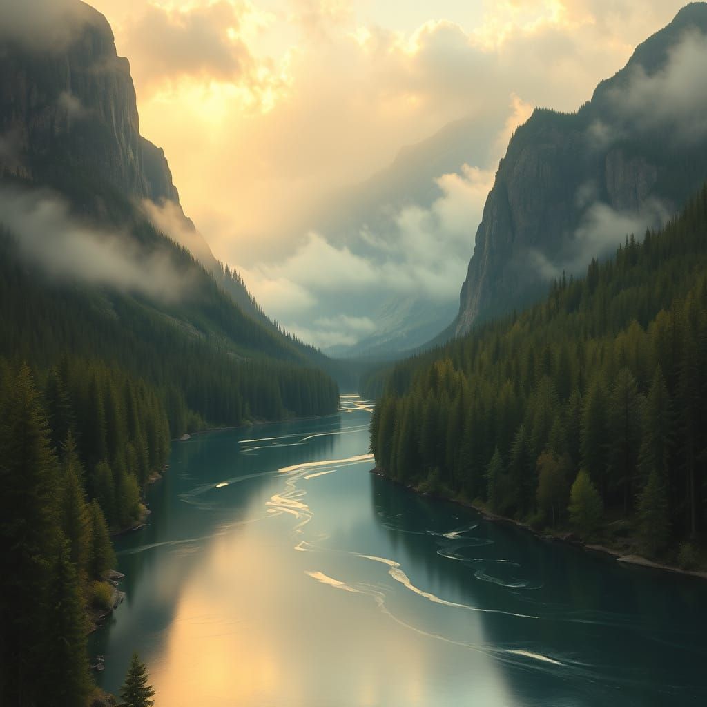 Romantic River Landscape with Majestic Mountains