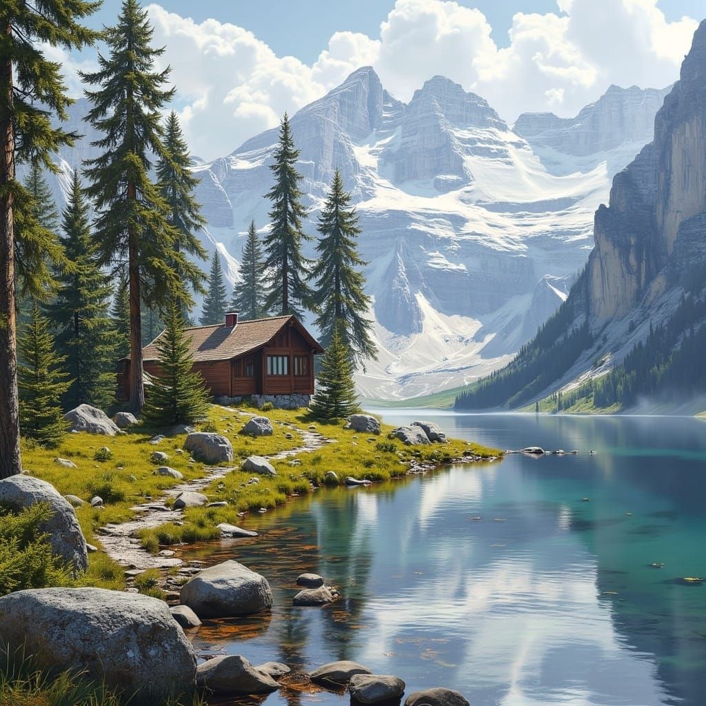 Alpine Lake Cabin on a Sunny Summer Day