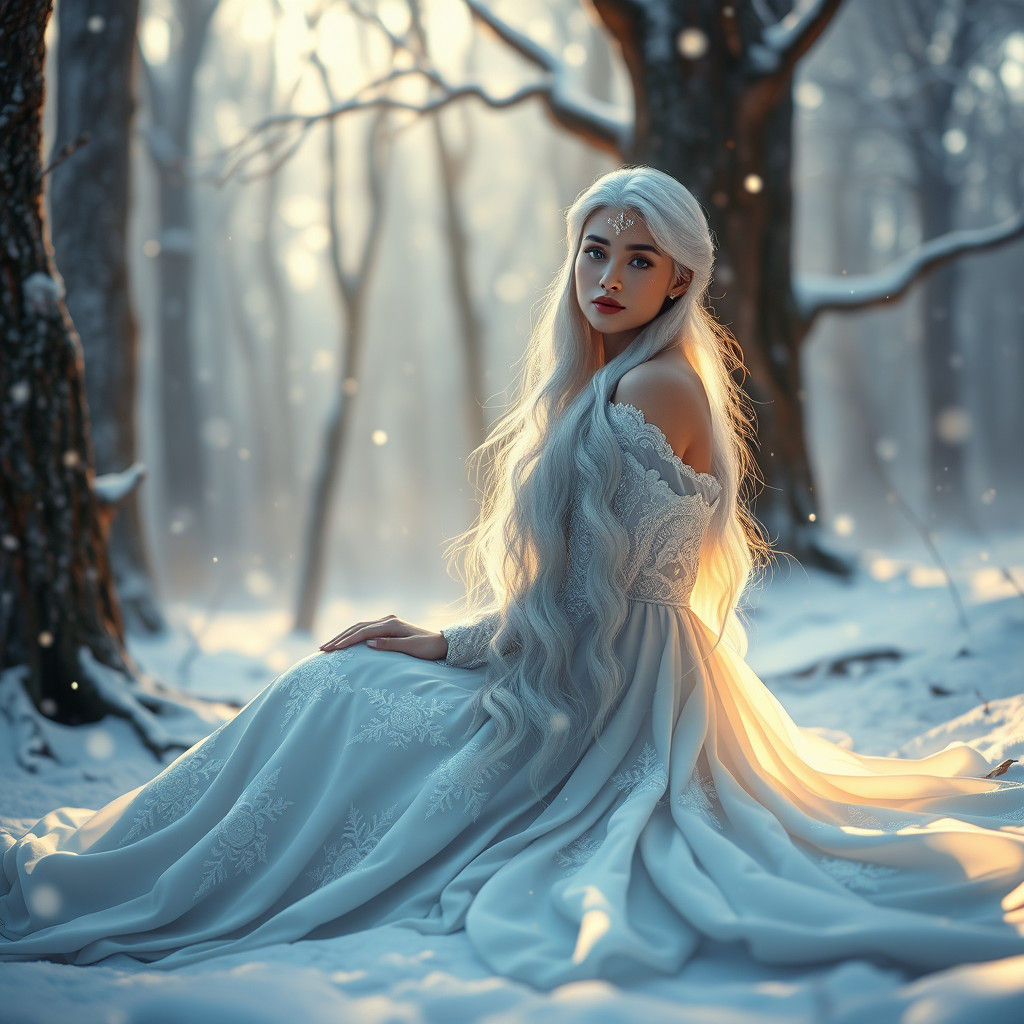 Winter Woman in Snow-Covered Forest