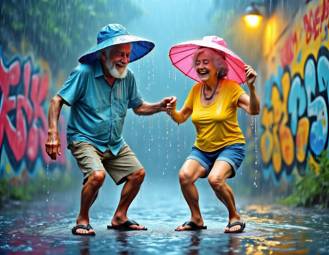 Elderly Couple Dancing in Summer Rain, Graffiti Art