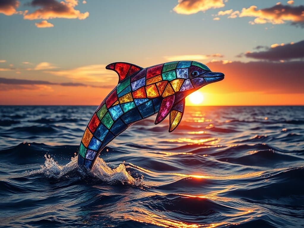 Stained Glass Dolphin Leaps at Sunset