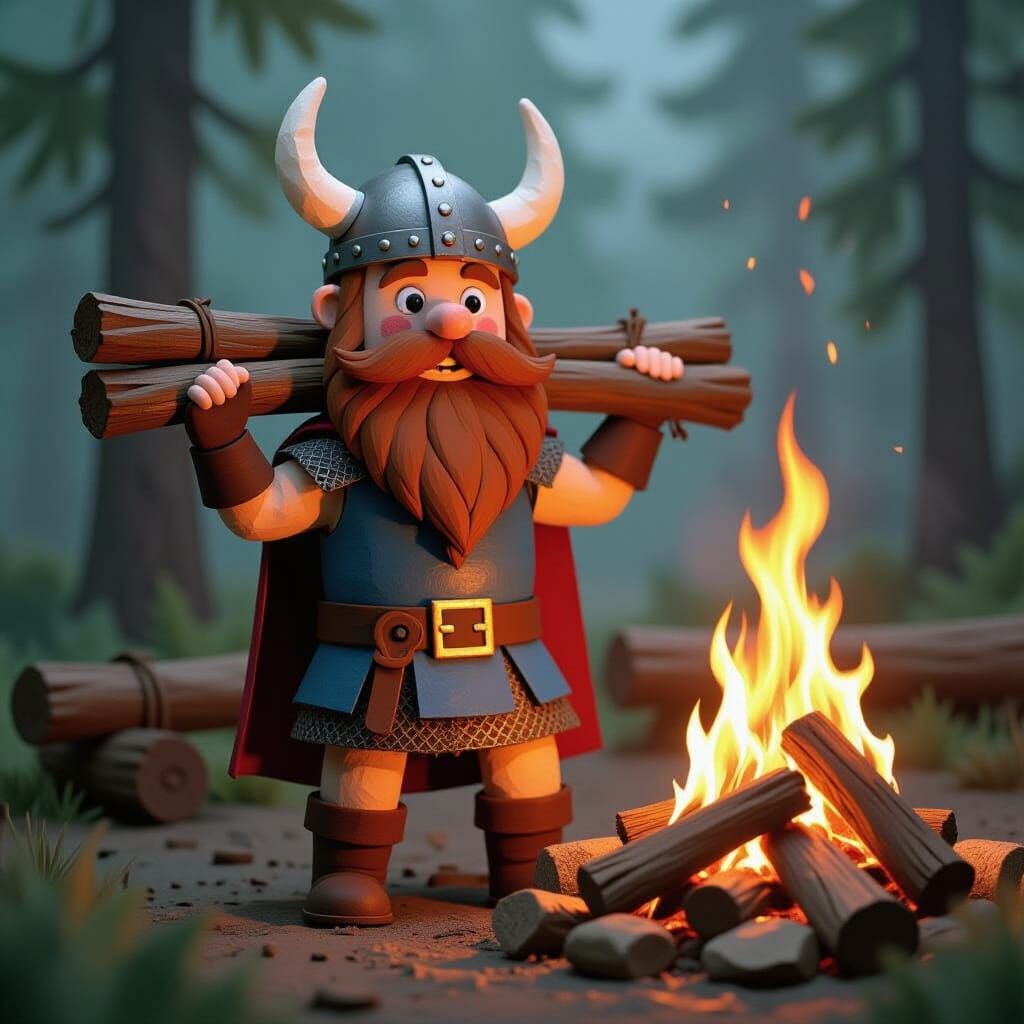 cute paper mache viking warrior holding carrying logs over t...