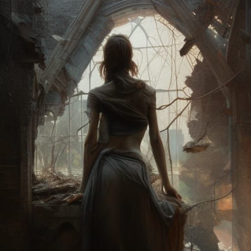 Ethereal Woman in Abandoned Ruins: Dark Fantasy Art