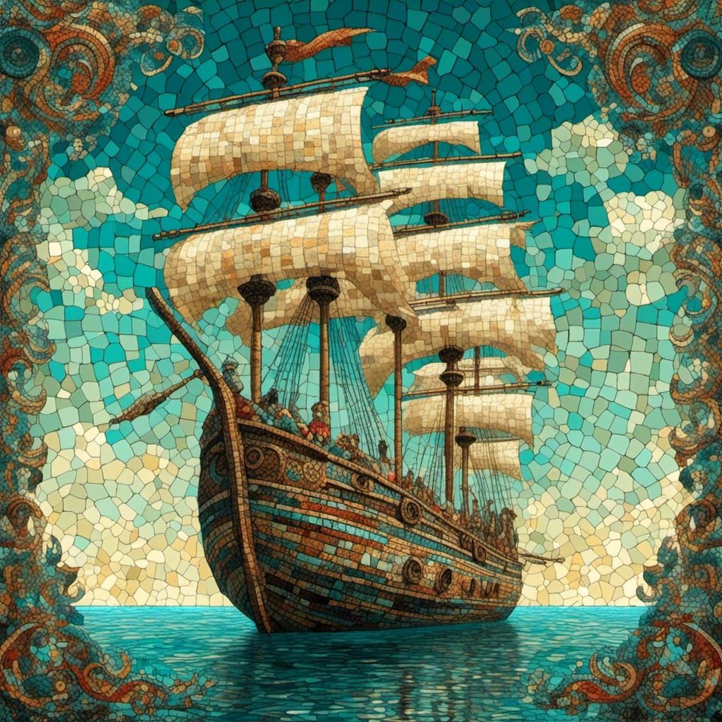 Phoenician Ship on Calm Sea as Mosaic Art