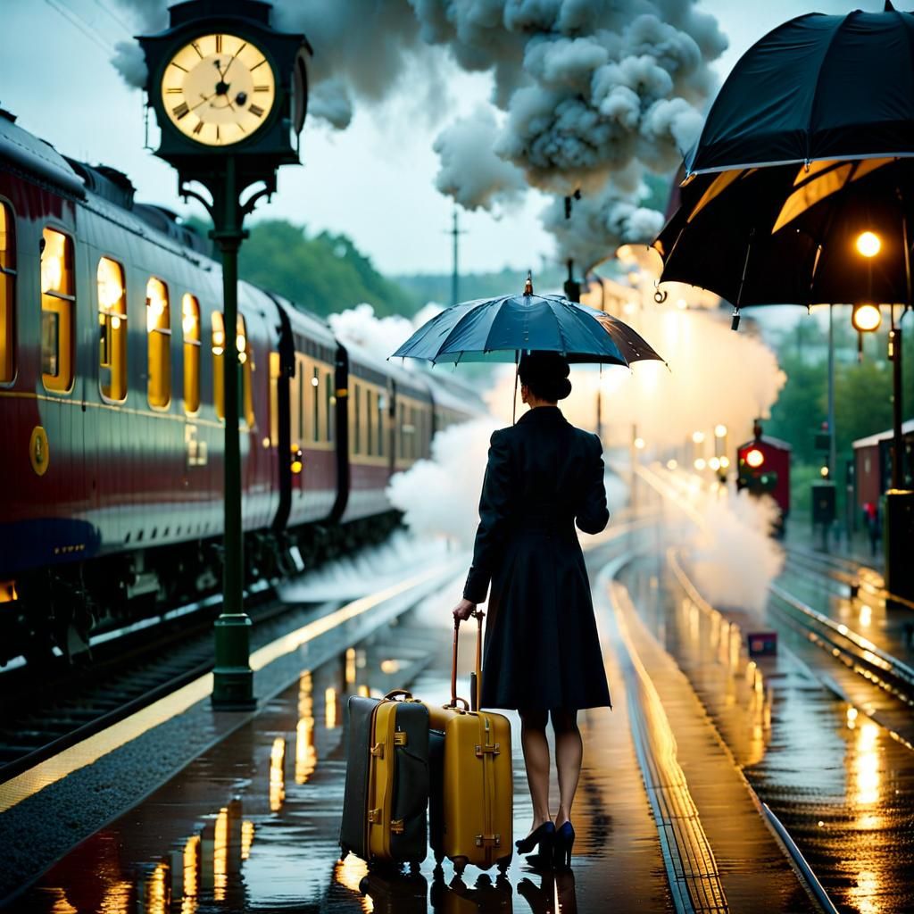 Rainy Train Platform in Cinematic Film Noir Style