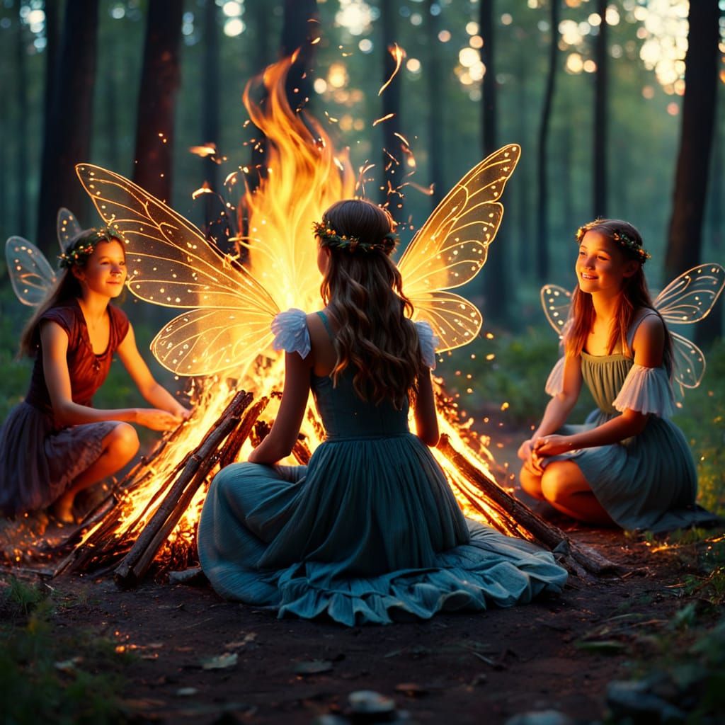 Fairies Dancing in Bonfire Flames: Cinematic Still