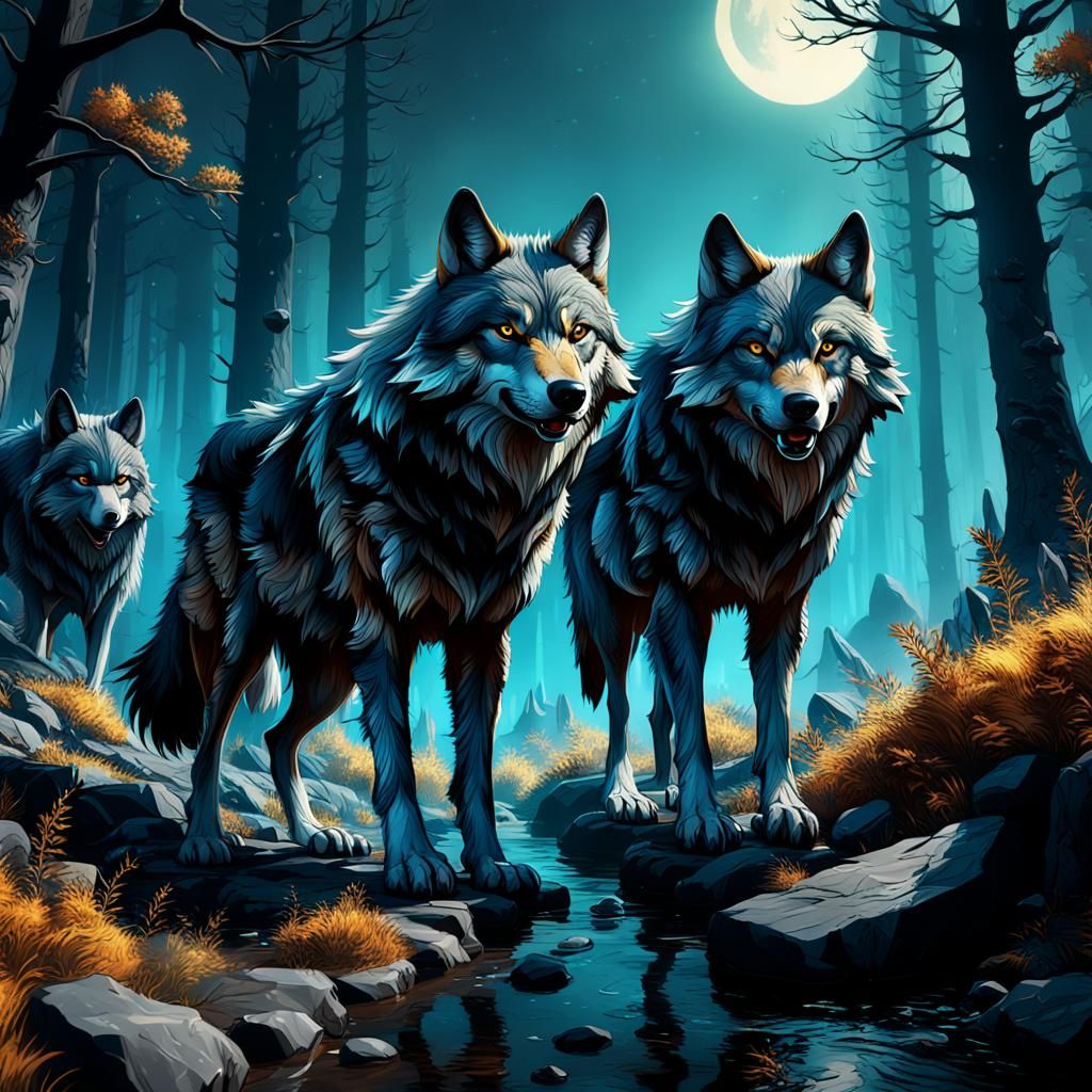 Detailed Matte Painting of Wolves in Fantasy Style