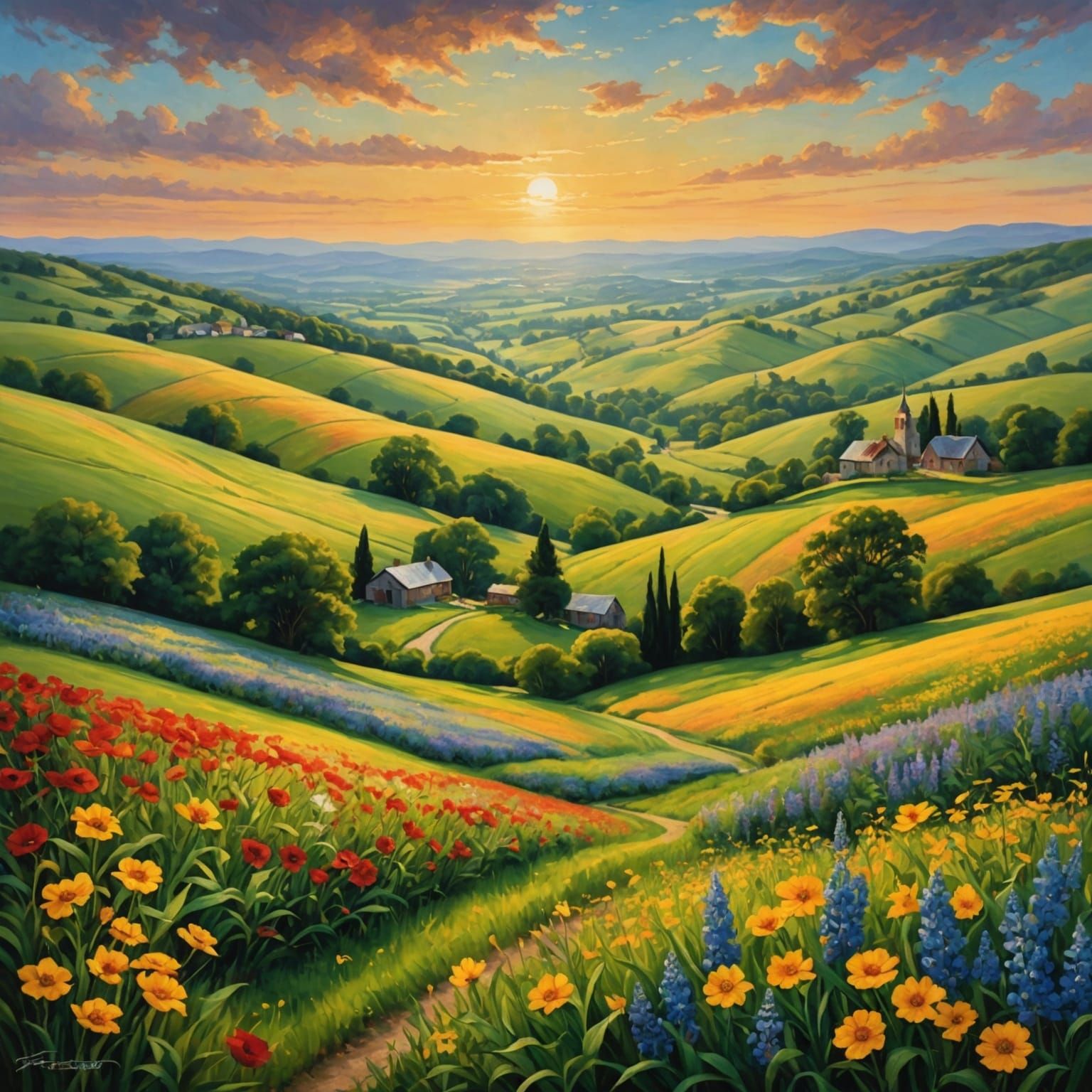 Serene Countryside Landscape in Oil Painting