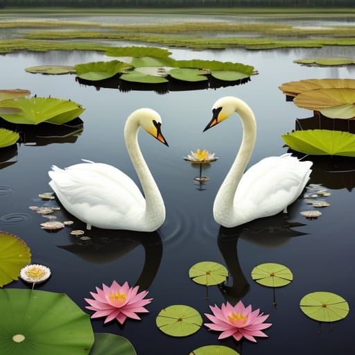 Swans on a Pond with Lotus Flowers and Bullrushes