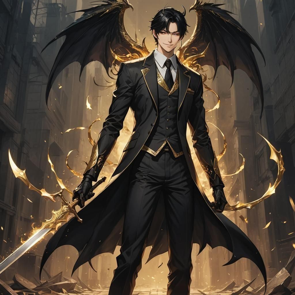Anime Devil Butler with Dragon Wings and Sword