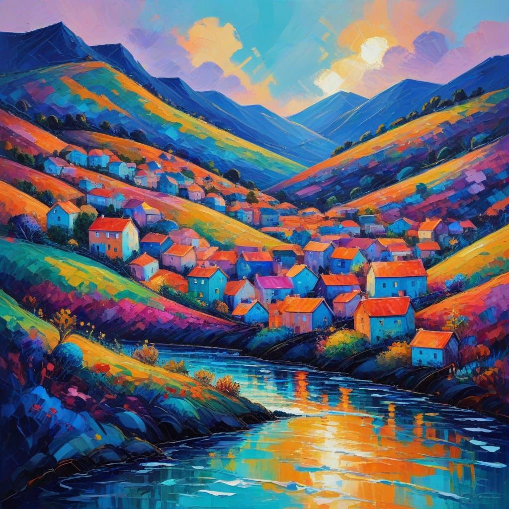 Abstract Expressionist Landscape with Gradient Colors and Ne...