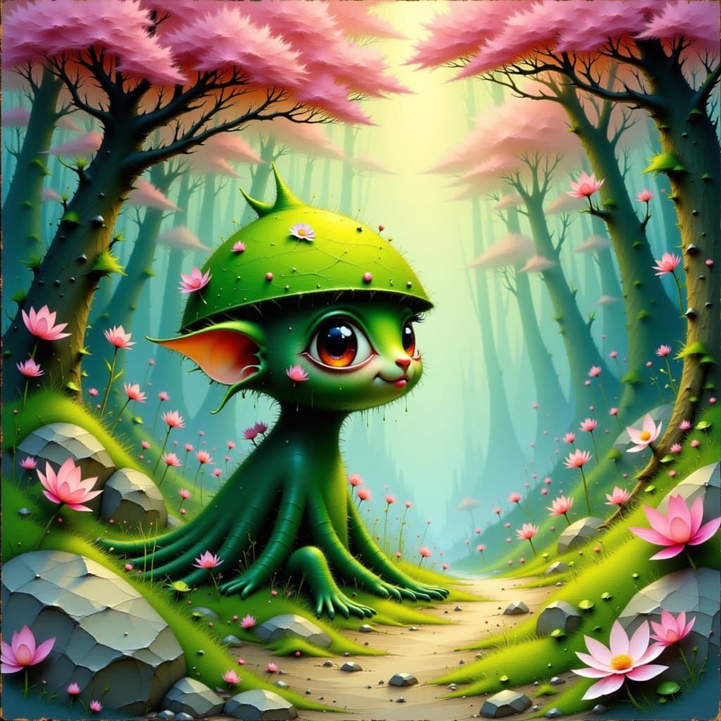 Kodama Tree Spirit in Japanese Forest as Watercolor