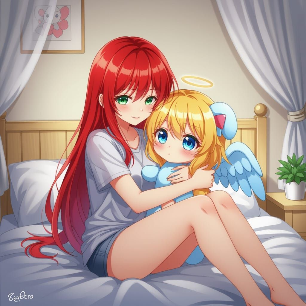 Anime Style Woman Hugging Angel Plushie