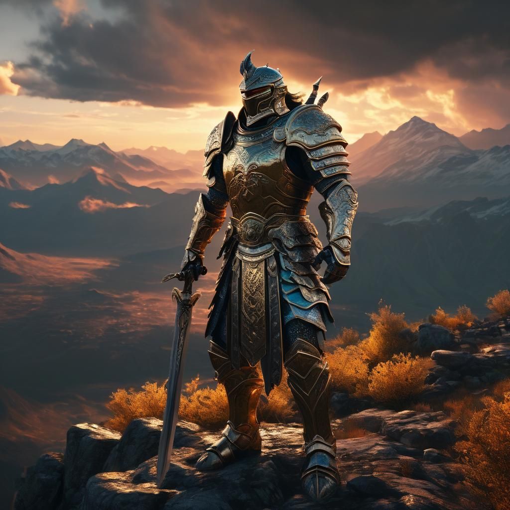 Majestic Warrior on Mountain Peak at Sunset