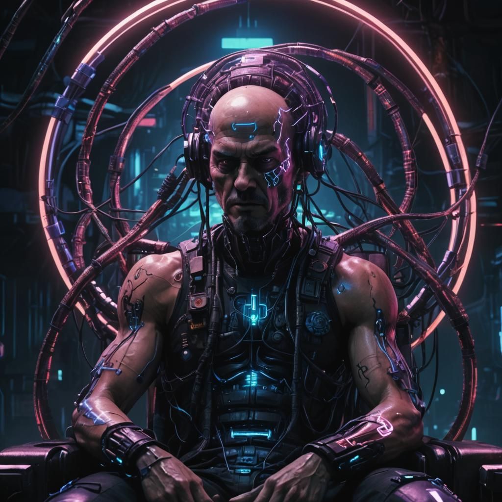 Cyberpunk Mastermind on Throne in Dark Sci-Fi