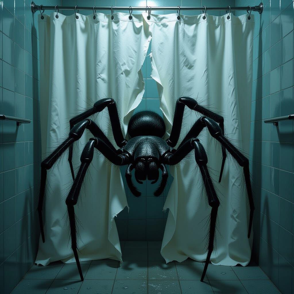 Eerie Spider Legs in Dim Bathroom: Biomechanical Surrealism