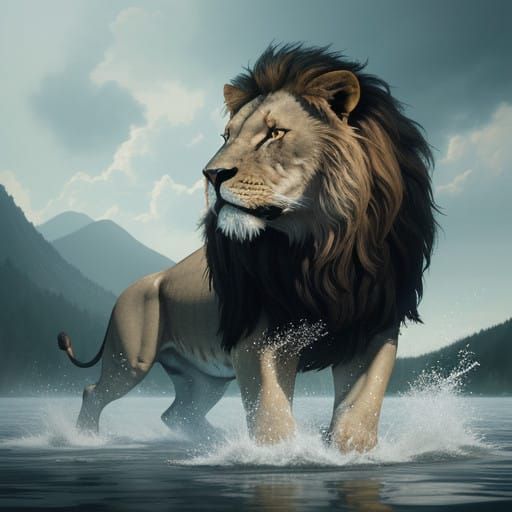 Majestic Water Lion Defies Gravity Above Serene Lake in Cine...