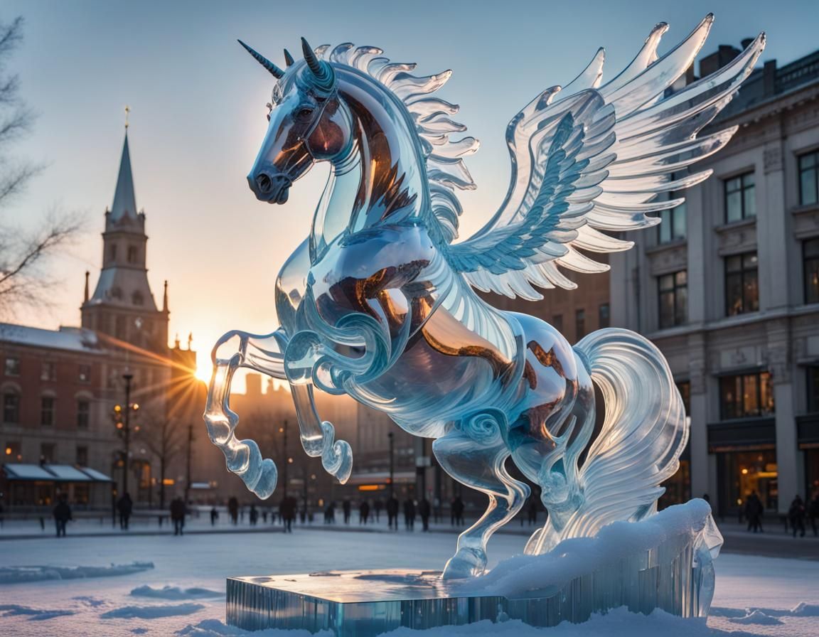 Hyperrealistic Ice Pegasus Sculpture in City Square