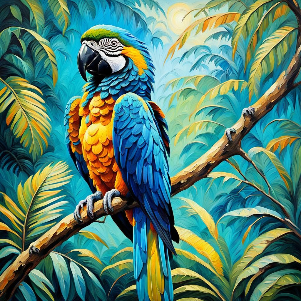 Macaw in Lush Forest: Neo-Impressionist Oil Painting