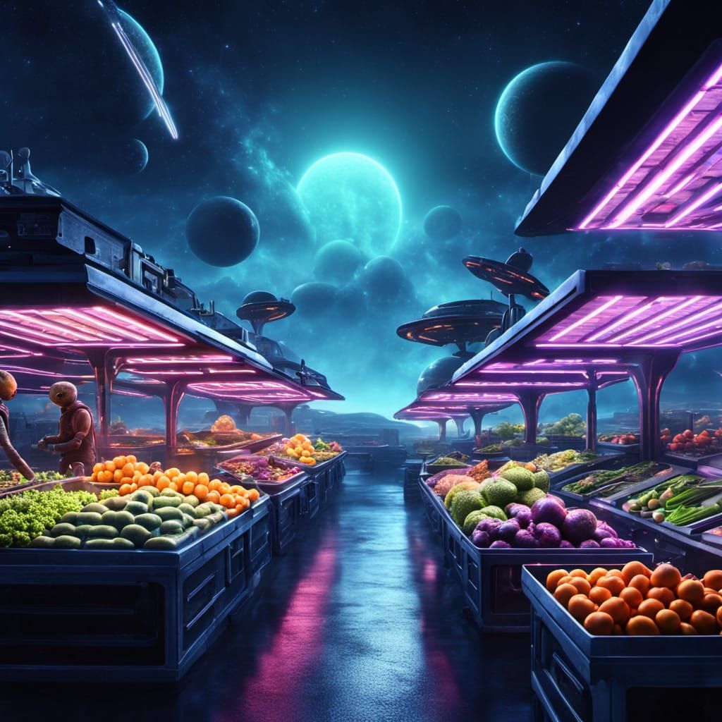 Alien Farmers Market in Neon Science Fiction Style