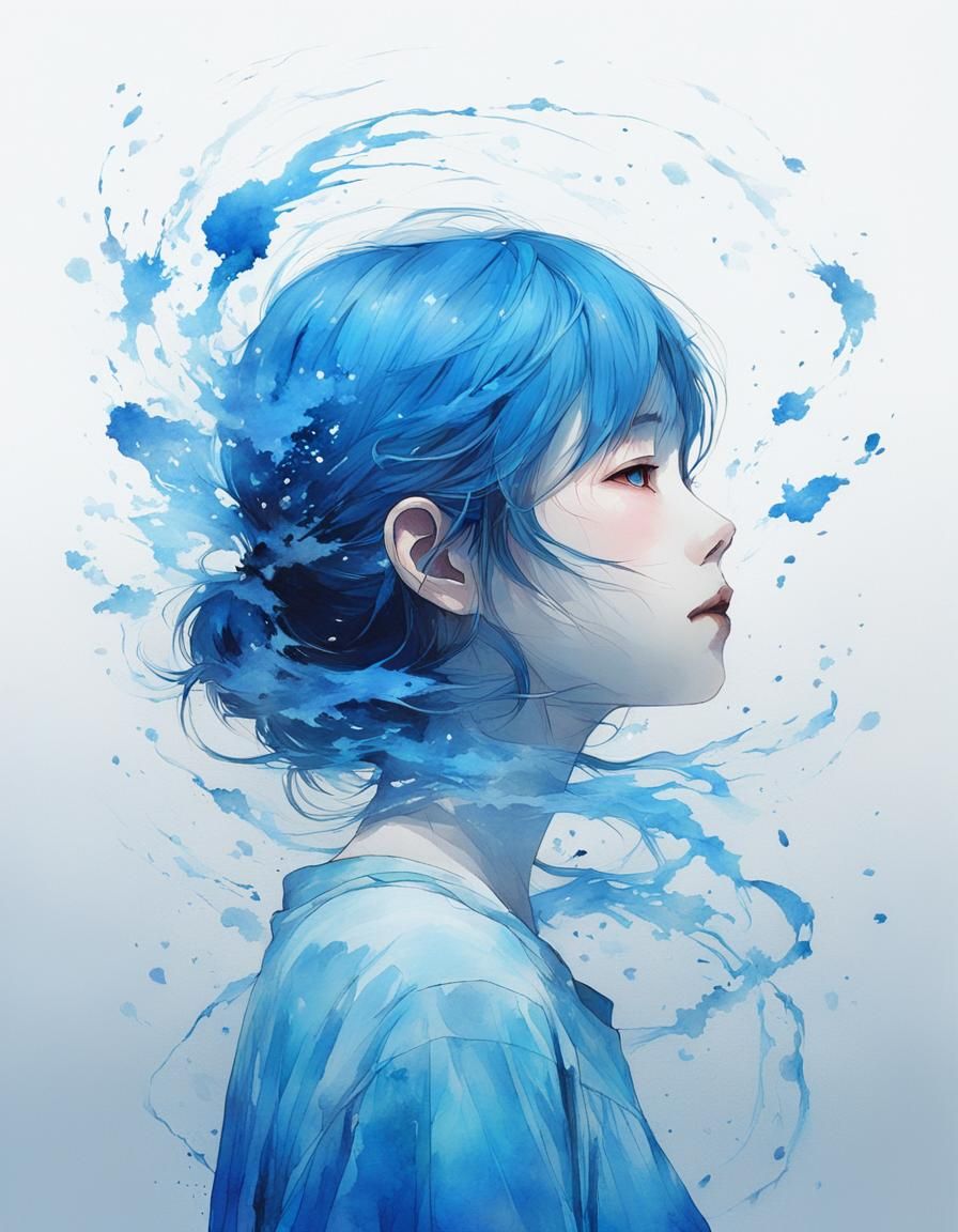 Ethereal Lonely Figure in Blue Dye-Transfer Art