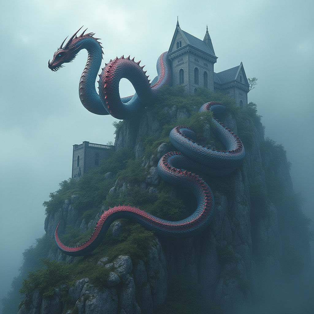 Mystical Serpent Enfolding Ancient Castle: Hyperrealistic Ma...