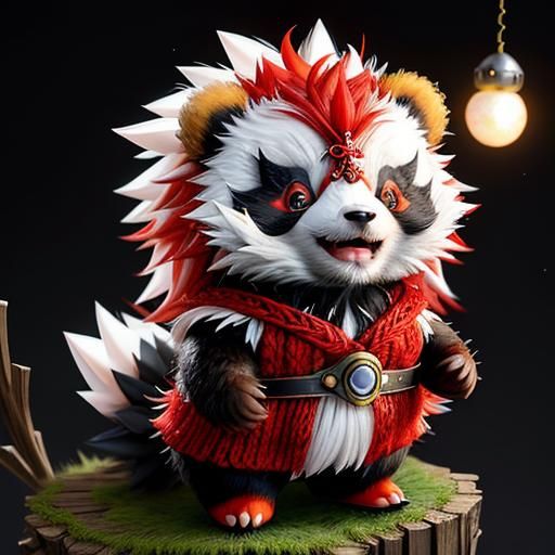 Adorable Knitted Red Panda with Feather Mohawk