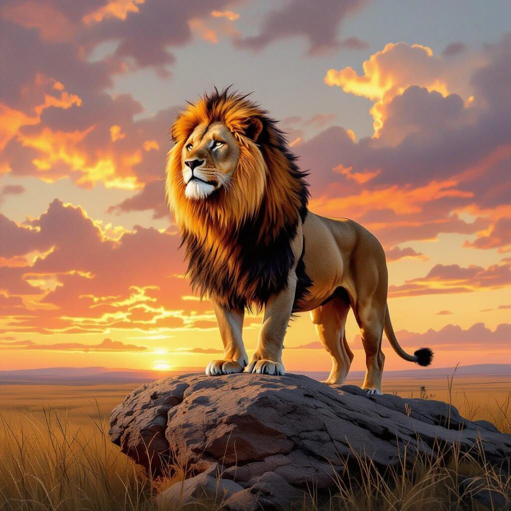 Lion with Blazing Mane Overlooking Savannah