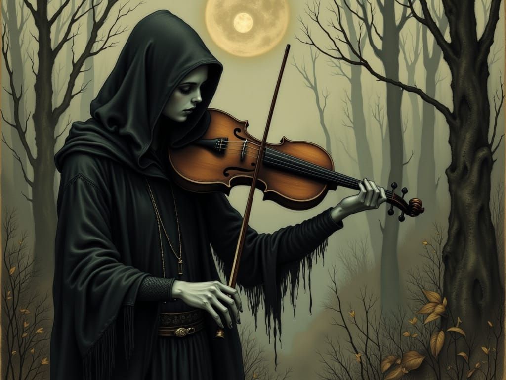 Moody Illustration of a Willowy Violin Player