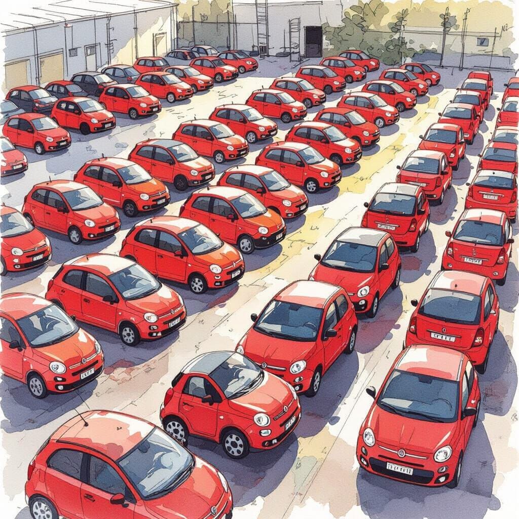 Hundreds of Red Fiat Pandas in a Car Park