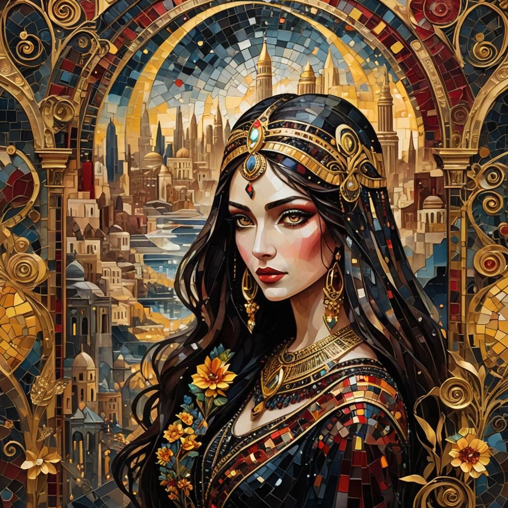 Surreal Cityscape with Mosaic Girl, Klimt-Inspired