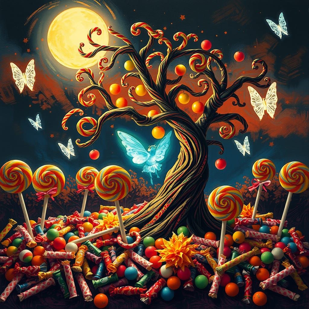 Dreamlike Halloween Candy Tree with Rainbow Fairy