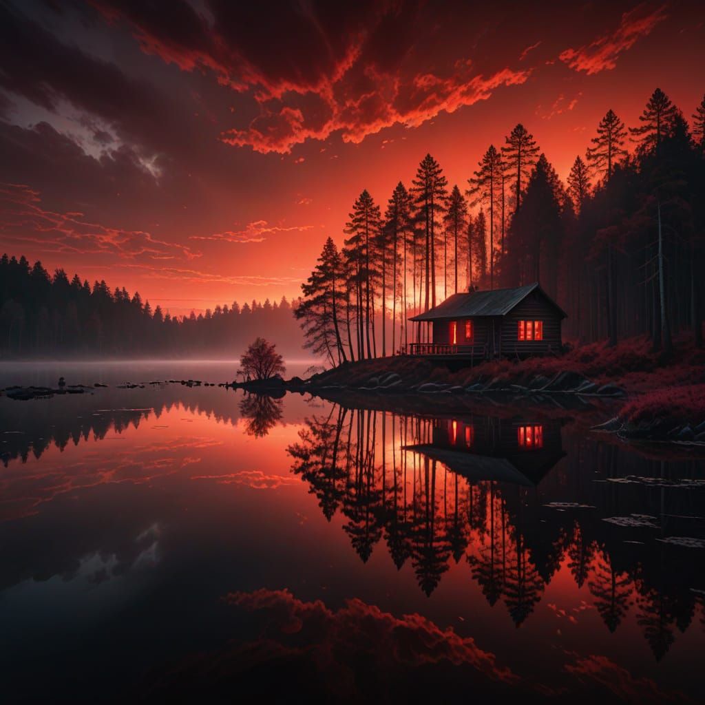 Cinematic Crimson Sunset Over Calm Lake with Cabins